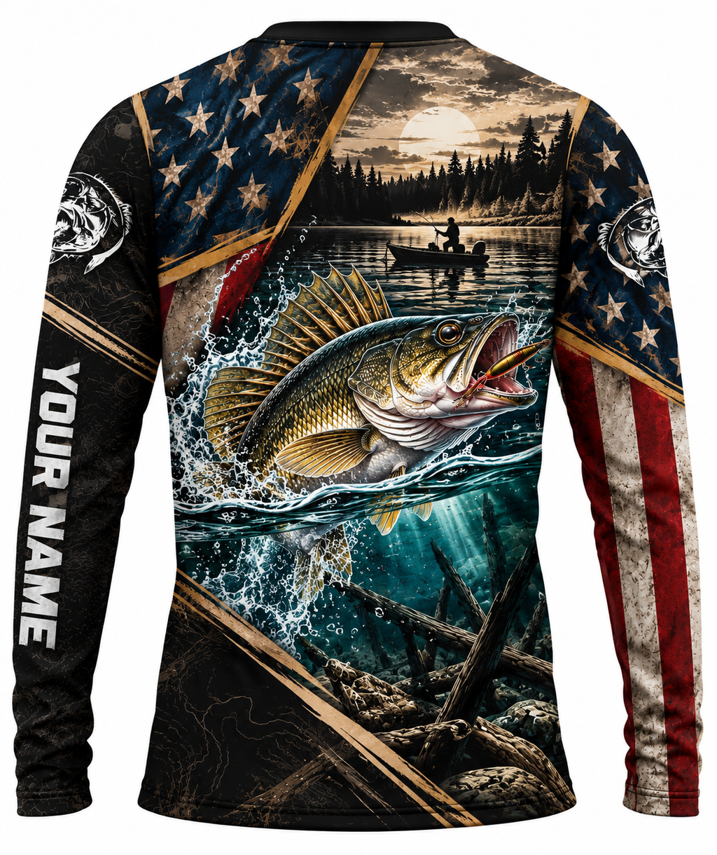 [Personalized] Walleye Fishing American Flag Patriot Series Long Sleeve Fishing Shirt