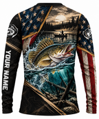 [Personalized] Walleye Fishing American Flag Patriot Series Long Sleeve Fishing Shirt