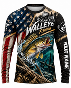 [Personalized] Walleye Fishing American Flag Patriot Series Long Sleeve Fishing Shirt