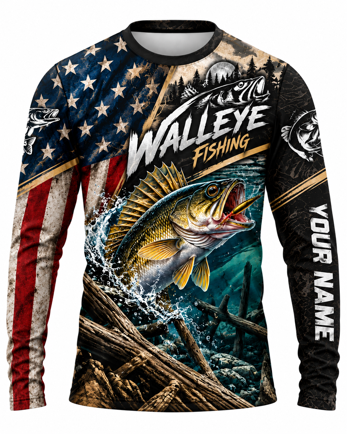 [Personalized] Walleye Fishing American Flag Patriot Series Long Sleeve Fishing Shirt
