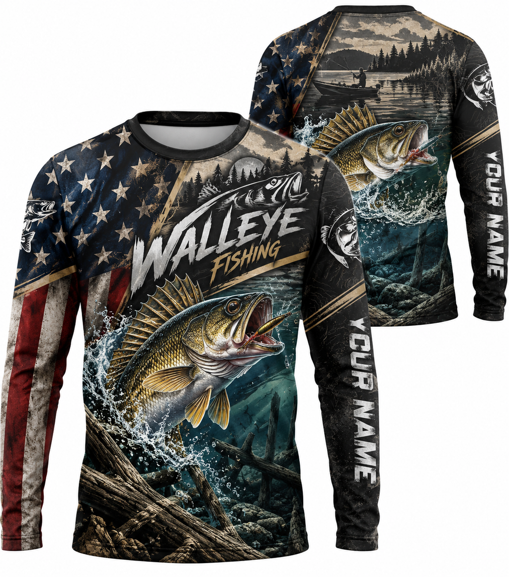 [Personalized] Walleye Fishing American Flag Patriot Series Long Sleeve Fishing Shirt