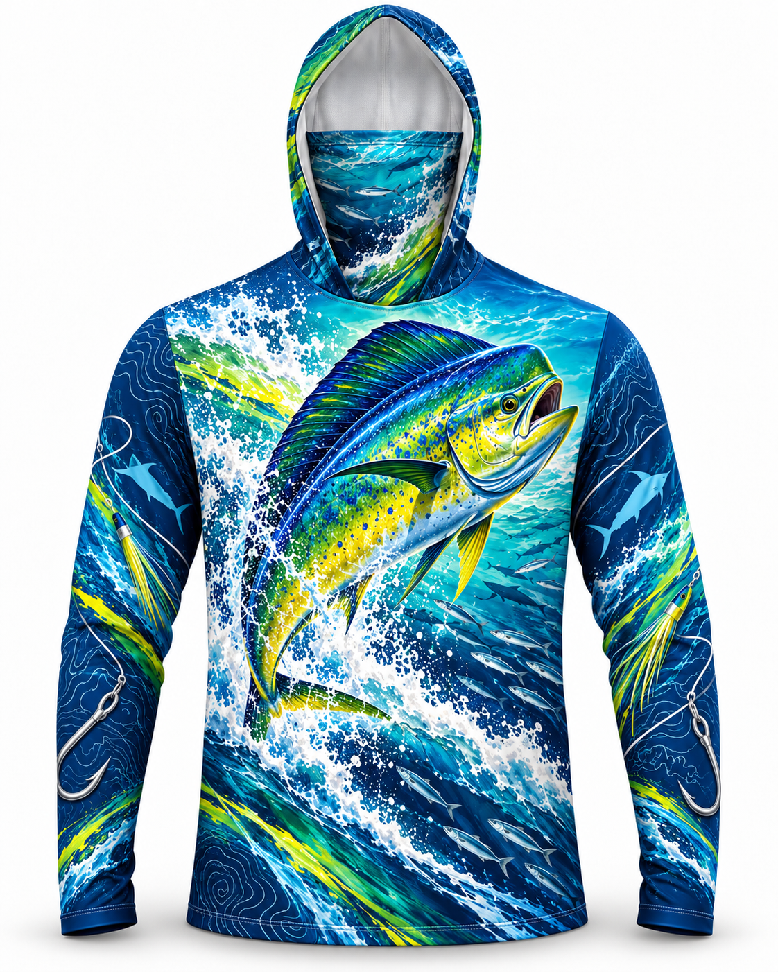 Mahi Mahi Tropical Wave Mask Hoodie Fishing Shirt
