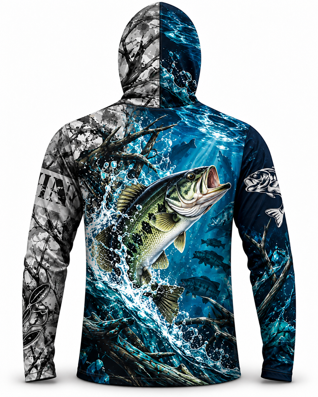 Largemouth Bass Camo Split Division Face Mask Fishing Hoodie