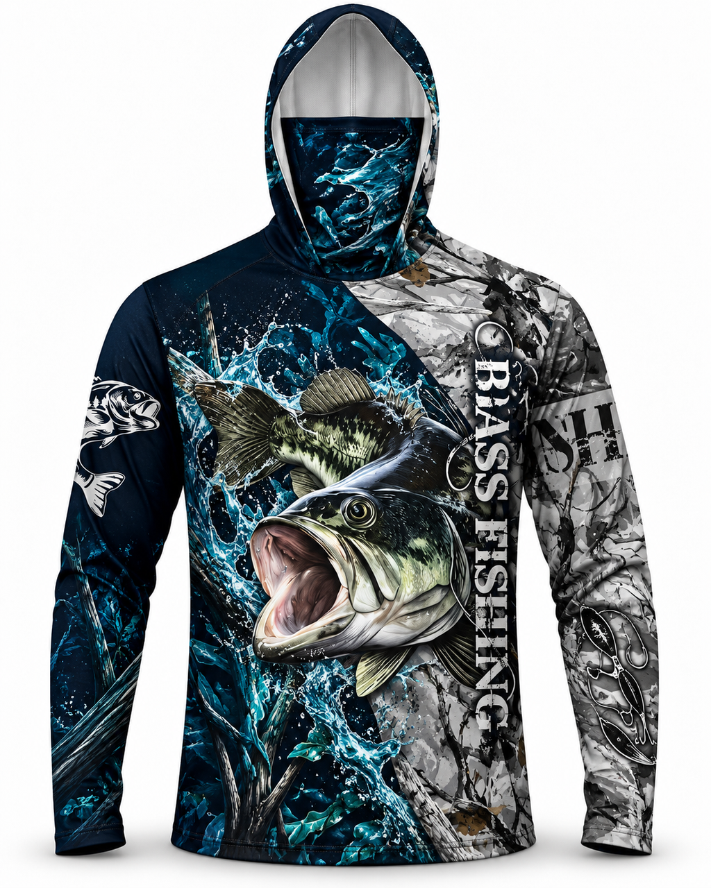 Largemouth Bass Camo Split Division Face Mask Fishing Hoodie