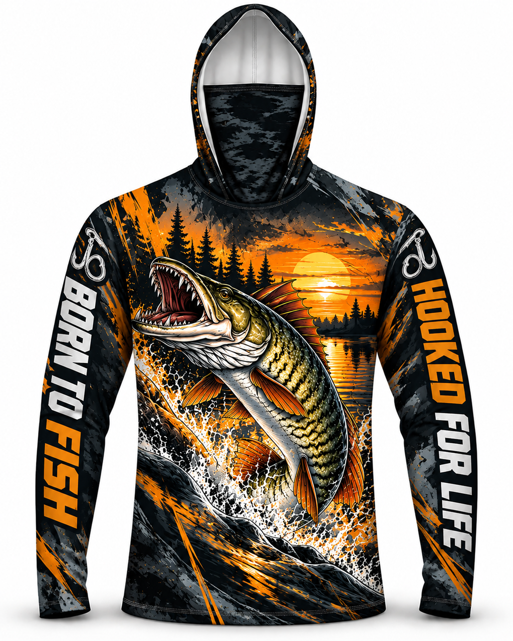 Northern Pike Sunset Glow Born To Fish Face Mask Hoodie