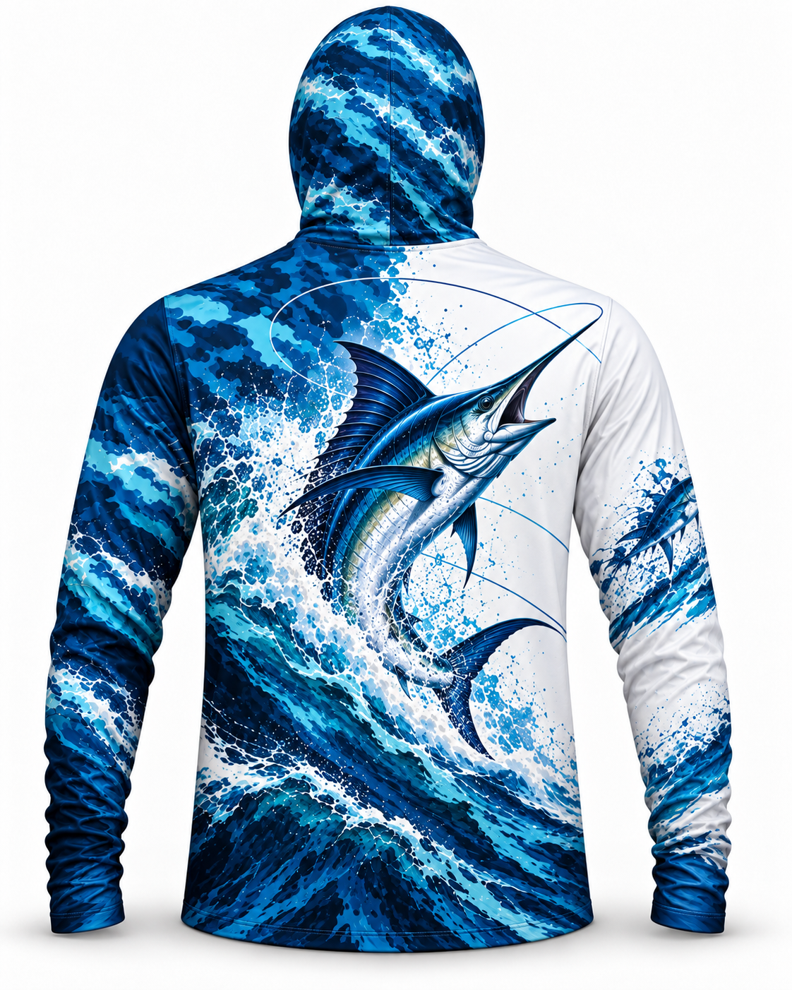 Blue Marlin Split Wave Contrast Face Mask Fishing Hoodie