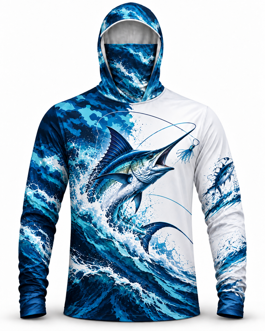 Blue Marlin Split Wave Contrast Face Mask Fishing Hoodie